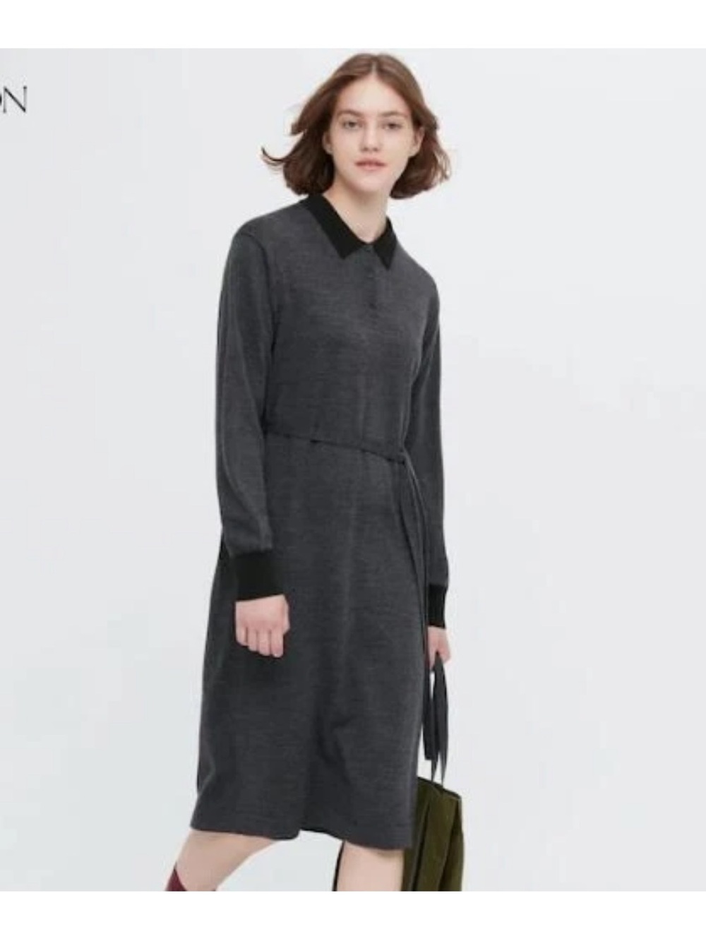 JW ANDERSON Charcoal Knit Polo-Collar Long Sleeve Dress with Black Accents SzM